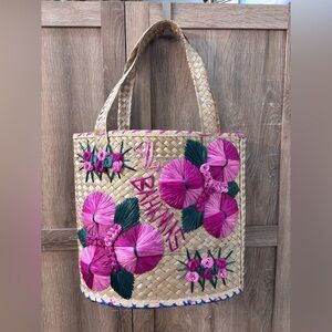 Pink Floral Woven Tote Bag